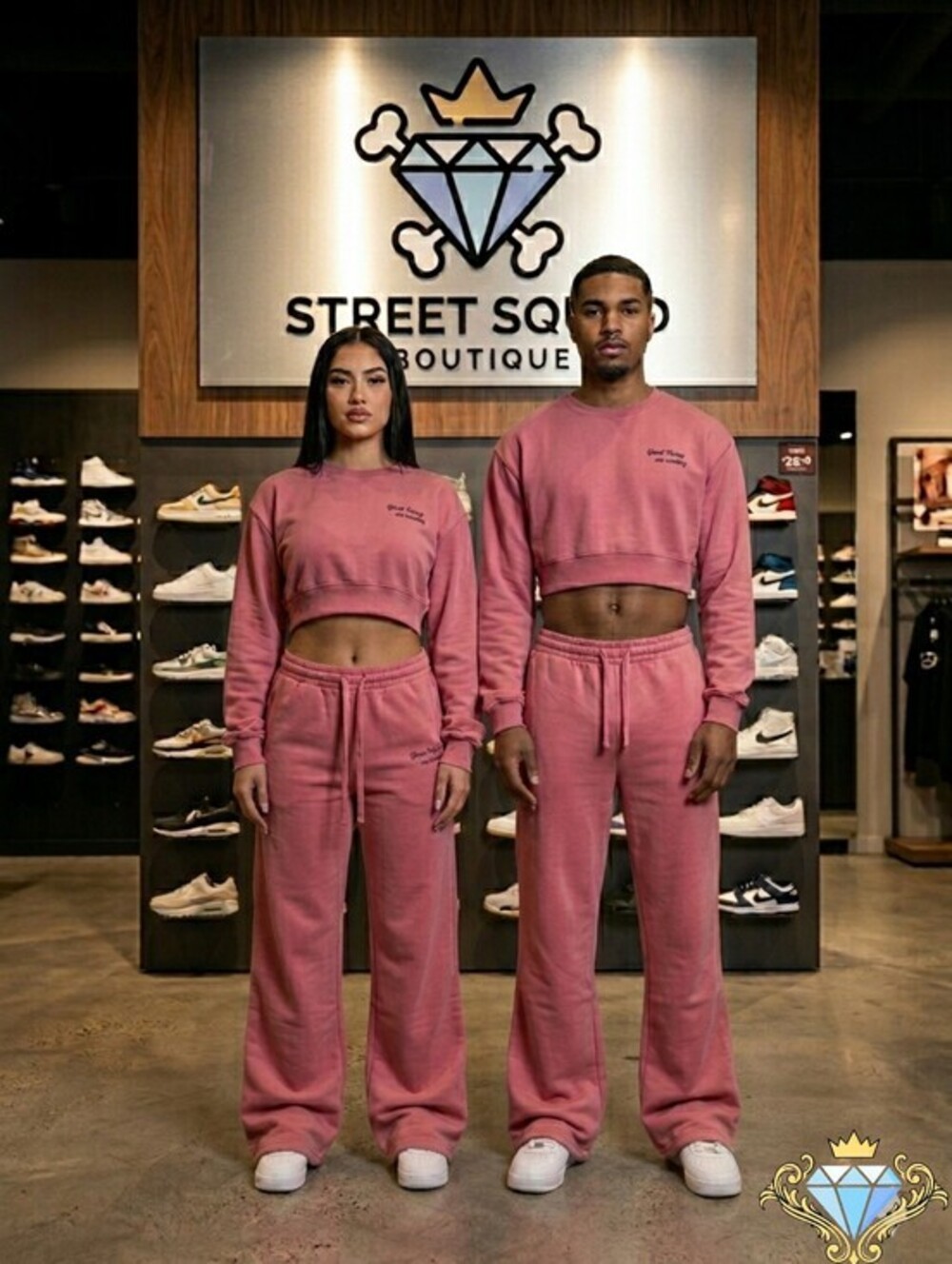 SHEIN UNISEX PINK CROPPED HOODIE WITH WIDE LEG PANTS SET SIZE MEDIUM STREETWEAR